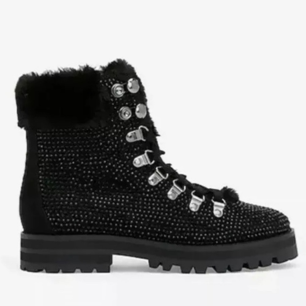 Express Black Combat Boots Sparkly Beaded Faux Fur Lined Women’s Size 8